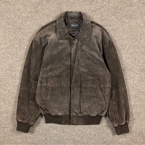 Vintage Lineage Brown Suede Leather Bomber Jacket Mens Size Large Full Zip Retro